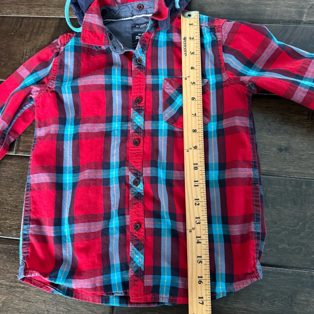 ❤️3/$30 Lucky Brand Boys Hooded(removable) Plaid Shirt Shacket Red/Blue Size 5/6 - Picture 7 of 9